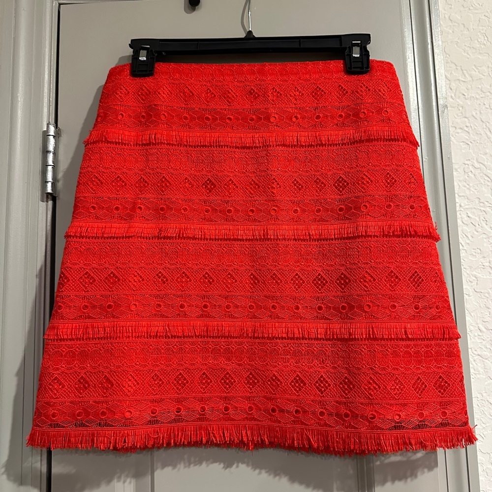 J Crew Tomato Red Lace and Fringe Mini Skirt Size 2